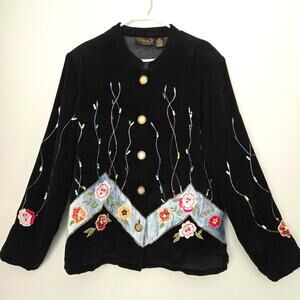 Vintage Alex Kim XL Black Chenille Jacket Floral Applique, Embroidery, Sequined